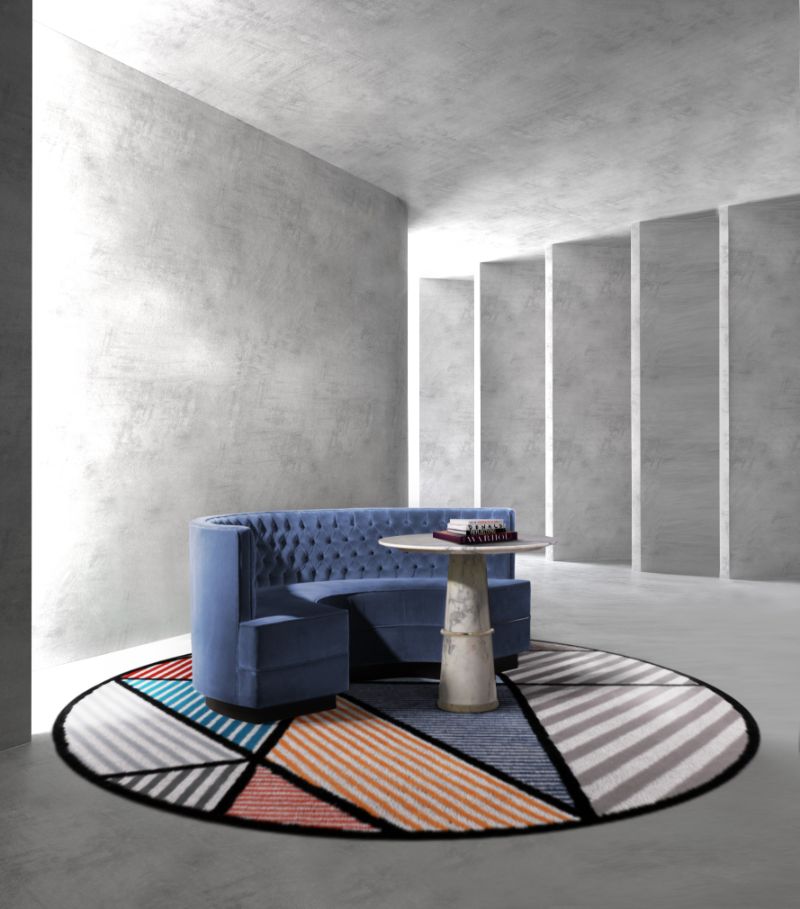 Blue mid century sofa and lola rug