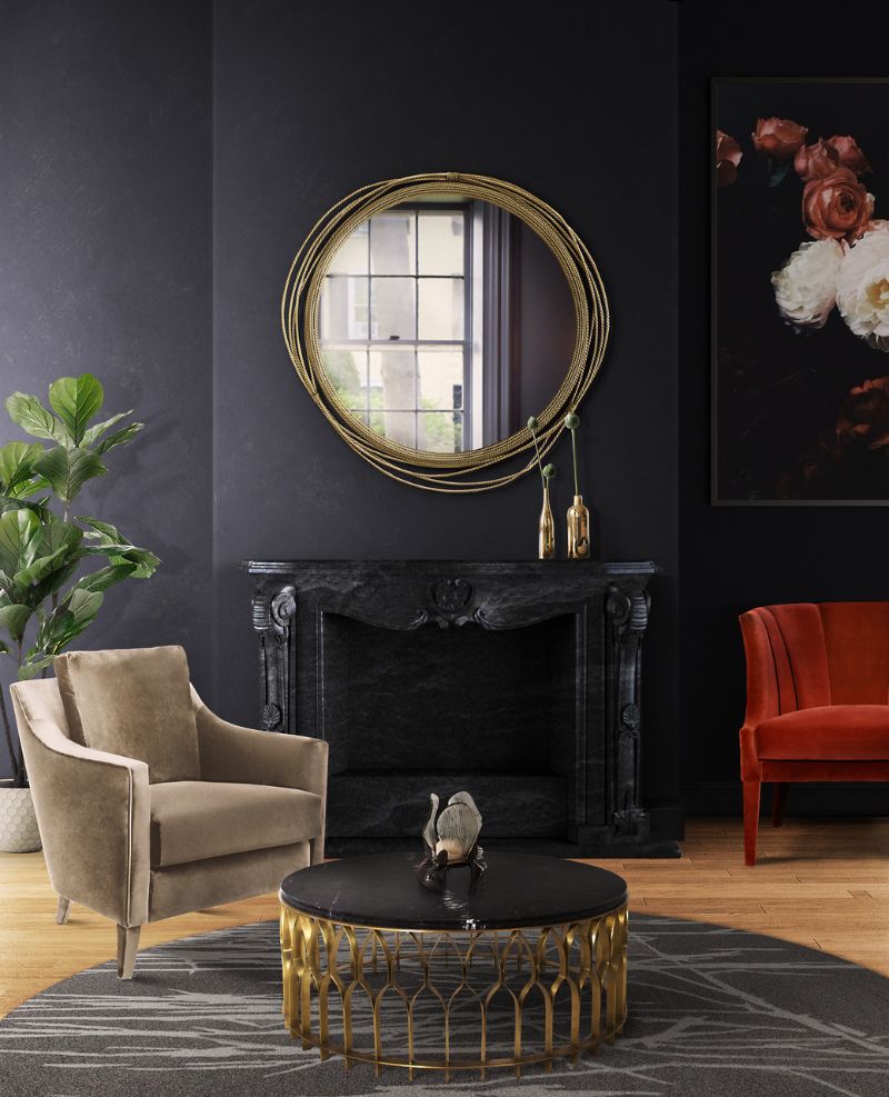 black and gold center table and beige armchair