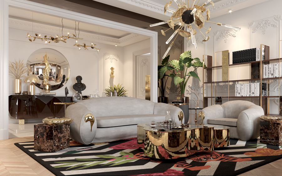 beige sofa living room with gold details