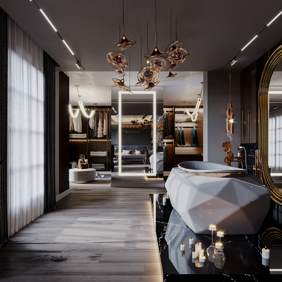 luxurious bathroom with a beautiful chandelier and glamorous bathroom