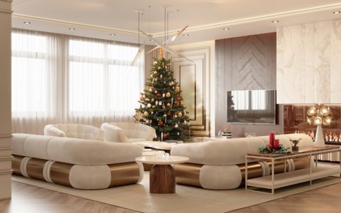 white sofa with golden details and christmas three