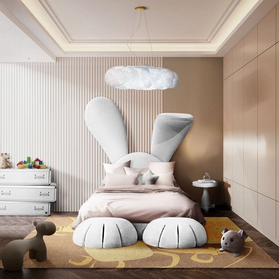 bunny bed in a brown kids bedroom