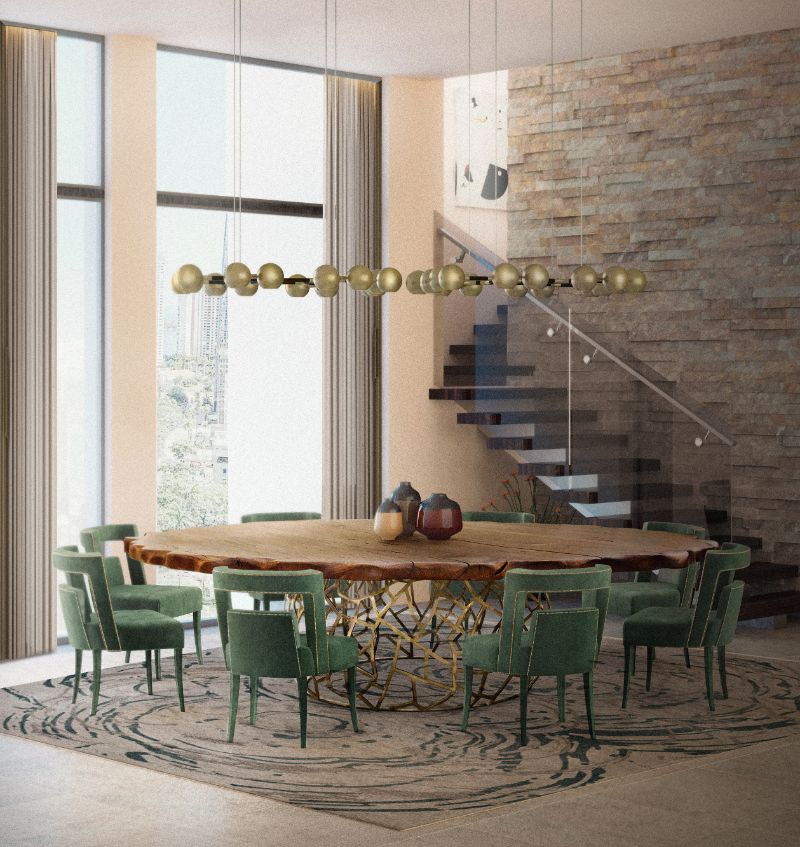 brown dining room with green chairs
