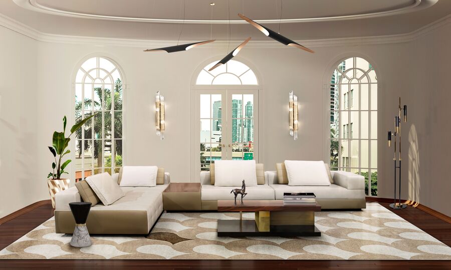 modern ceiling lamp and big sofa in a living room